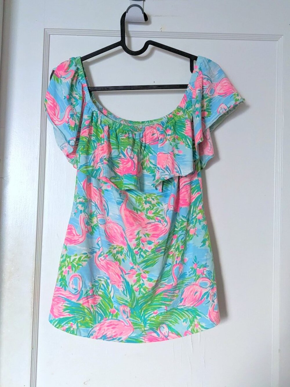 Lilly Pulitzer Flamingo Print Off-Shoulder Top Pink Blue Size S